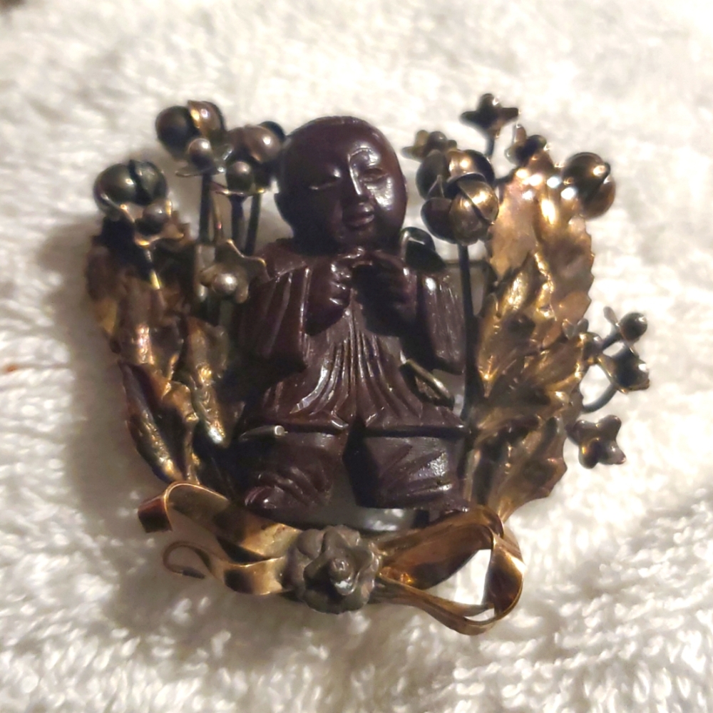 Vtg. Rare Hobé 1/20th 14k on Sterling Asian Carved Bandora Brooch Signed